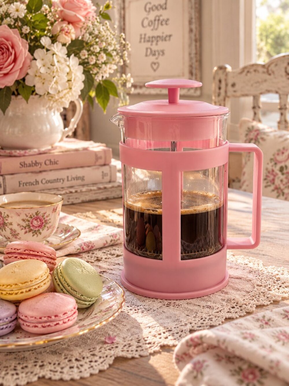 8 inch Pink French Press Coffee Maker Glass Carafe Cottagecore Shabby Chic